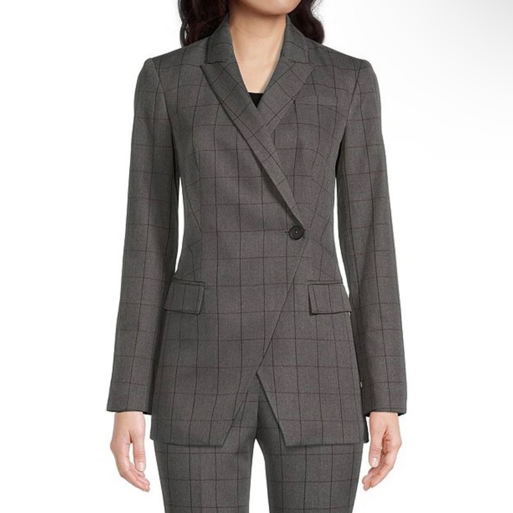 CALVIN KLEIN‎ Window Pane One Button Peak Lapel Faux Flap Pocket Jacket Career